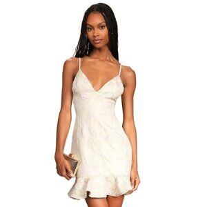 Lulus NWT Guilded Lily Cream Floral Jacquard Ruffled Trumpet Mini Dress Size M